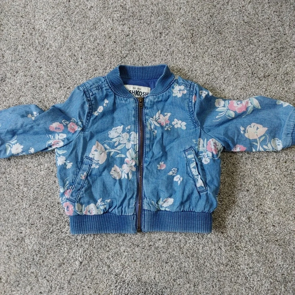 OshKosh B'gosh Baby Girls 6M Denim Floral Bomber Jacket Blue Pink 90s Style